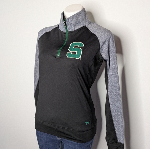 PINK Victoria's Secret Black Grey Green MSU Michigan State 1/4 Zip Pullover M - Picture 2 of 7